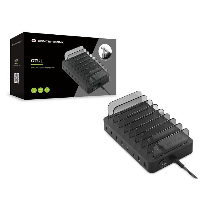 Conceptronic OZUL02B Estación de Carga PD 3.0 75W con 6 Puertos USB y Soporte para Apple Watch, Compatible con Nintendo Switch, iPad, iPhone, Samsung Galaxy 1