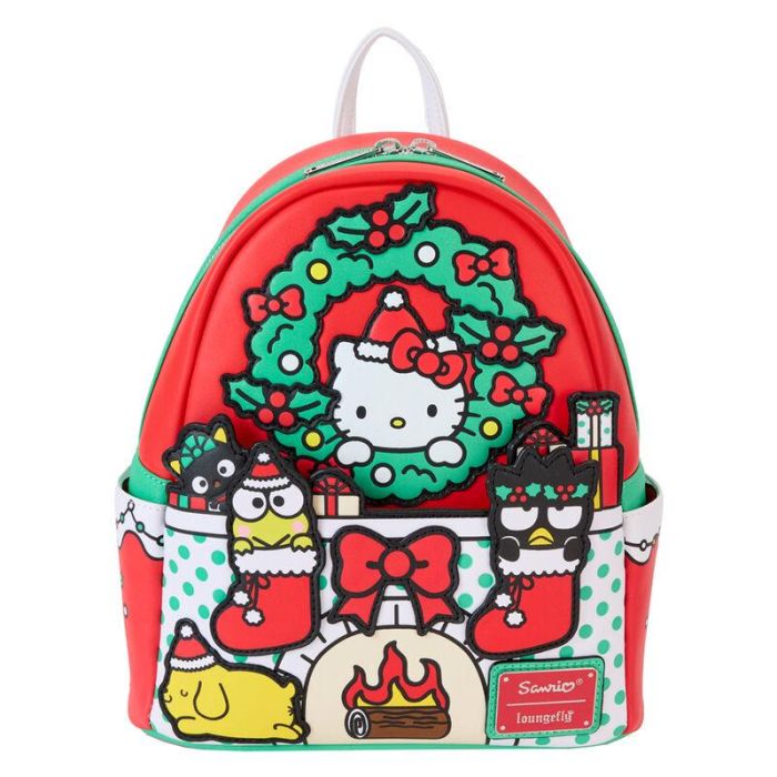 Loungefly Mochila Hello Kitty Sanrio Christmas 26cm Piel Vegana, Tirantes Acolchados, Bolsillos Laterales