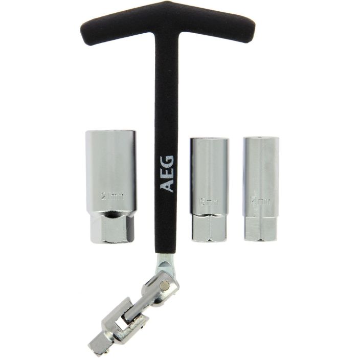 Llave para bujías articulada con doble rótula y manguitos surtidos de 16 mm, 18 mm y 21 mm. Mango en T antideslizante de acero inoxidable. 0 Llave para bujías articulada con doble rótula y manguitos surtidos de 16 mm, 18 mm y 21 mm. Mango en T antideslizante de acero inoxidable. 0