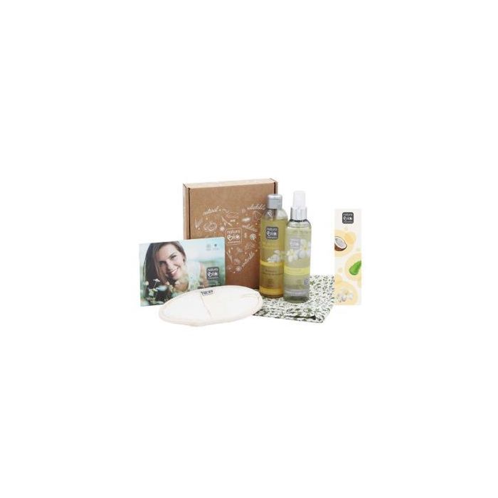 NATURABIO COSMETICS Cofre Regalo Flor Tiare: Gel Ducha Flores Blancas Bio, Aceite Seco Radiante y Manopla Sisal
