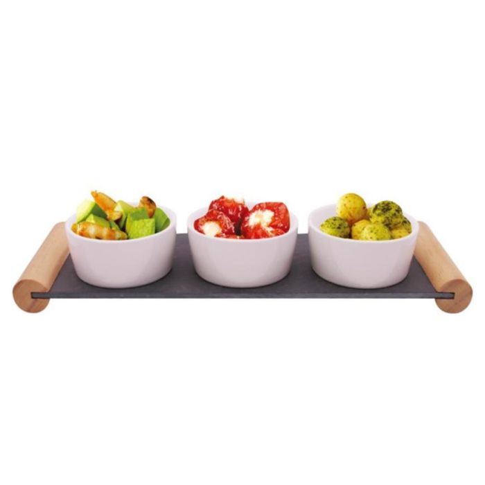 DKD Home Decor Tabla Aperitivo de Gres y Pizarra Negro y Blanco, Set de 4, Apto Microondas y Lavavajillas, 33x10x5.8 cm
