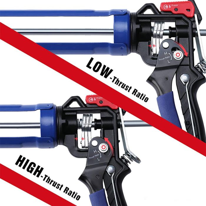 Workpro Pistola selladora trabajo pesado 230 mm, 2 grados de ajuste, anti goteo, 295ml, soporte giratorio 360°, azul y negra 2