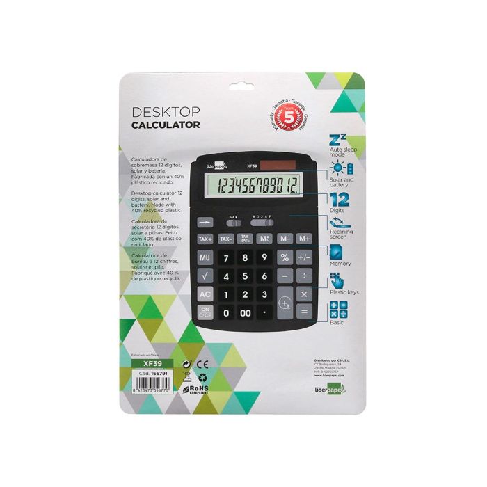 Calculadora Liderpapel Sobremesa Xf39 12 Digitos Solar Y Pilas Color Negro 190x140x32 mm 40% Reciclada 7