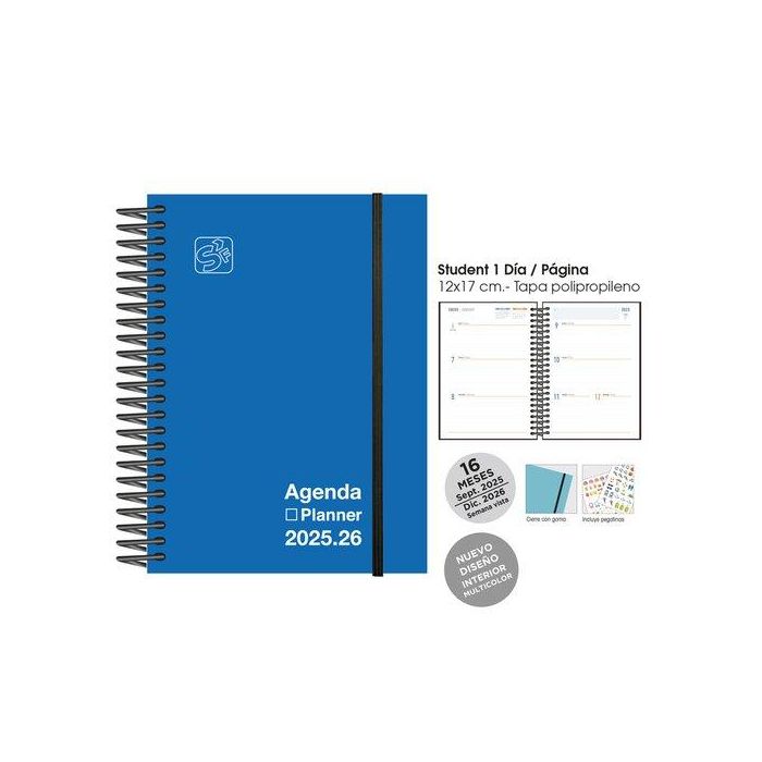 Agenda Anual (2025-26) Senfort 16 Meses Iki Unicolor Espiral Tapa Pp Con Goma 155X215 S/V Azul