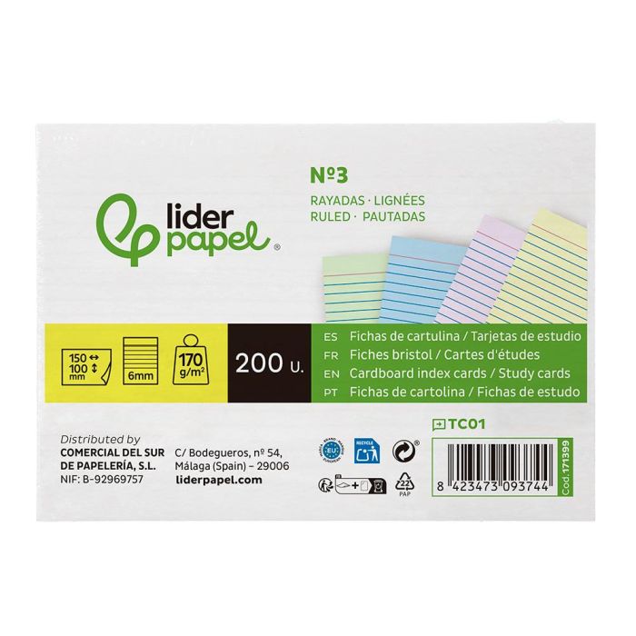 Tarjeta Liderpapel Para Estudiar Rayada Cartulina De Colores 170 gr-M2 100x150 mm Paquete De 200 Unidades 1