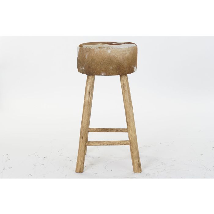 DKD Home Decor Taburete Colonial Madera Piel Vaca Colores Natural Marrón Blanco Altura Asiento 77 cm 42x42 cm 3
