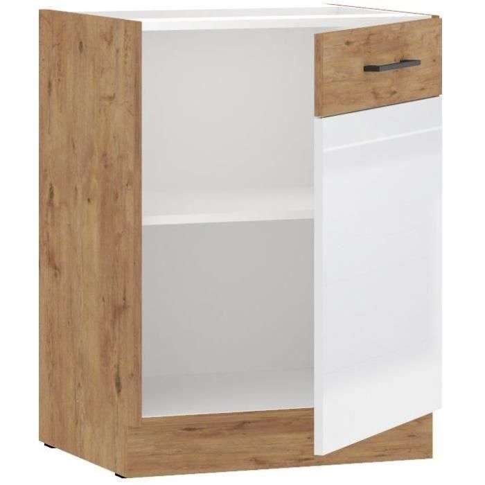 ROCK - Mueble bajo - Roble Lancelot y melamina blanco brillo - 60 cm - 1 puerta batiente ROCK - Mueble bajo - Roble Lancelot y melamina blanco brillo - 60 cm - 1 puerta batiente