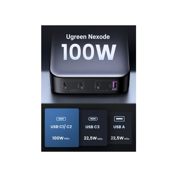 UGREEN Cargador Nexode 90928, Carga Rápida 100W, 3 USB C + 1 USB A, Compatible Universal, Gris 2 UGREEN Cargador Nexode 90928, Carga Rápida 100W, 3 USB C + 1 USB A, Compatible Universal, Gris 2