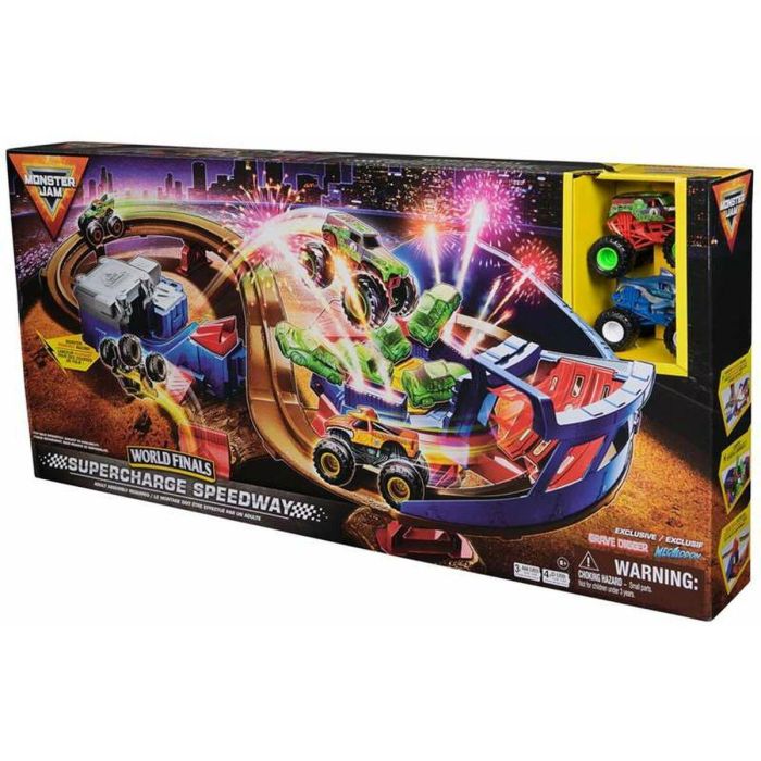 Pista de carreras supercharger monsterjam. compatible con vehiculos escala 1:64. incluye 2 vehiculos de grave digger y de megalodon. 2