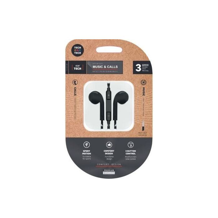 Tech One Tech Auriculares Eartech con Micrófono, Control de Volumen y Botón Multifunción, Compatibles con Apple, Android y Windows, Negro 2