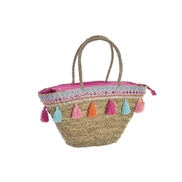 DKD Home Decor Bolso Capazo Boho Paja 90% Poliéster 10% Multicolor Cierre de Lazo 16 cm Largo x 30 cm Alto x 51 cm Ancho