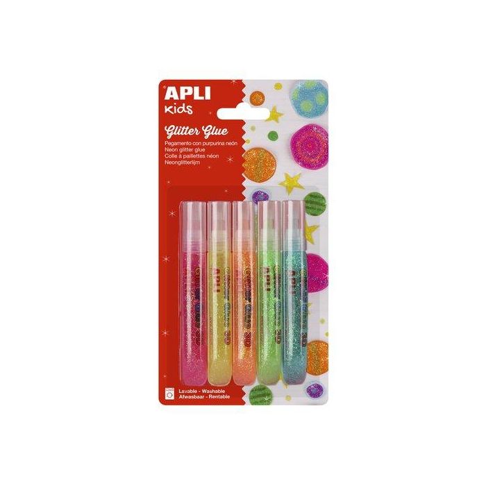 Cola Glitter Glue Apli Lapiz Neon 5X13Ml