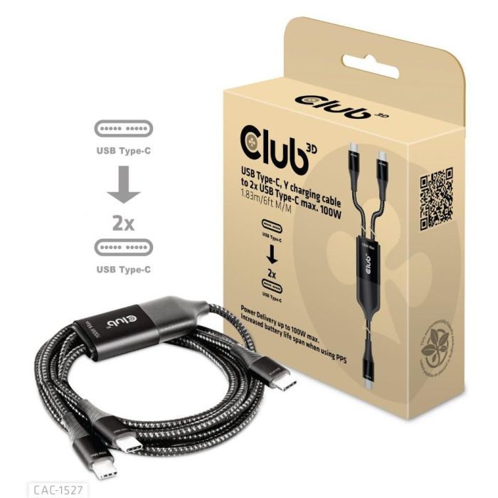 Club3D Cable de Carga USB Tipo C a 2x Tipo C 1.83m 100W St/St 1 Club3D Cable de Carga USB Tipo C a 2x Tipo C 1.83m 100W St/St 1