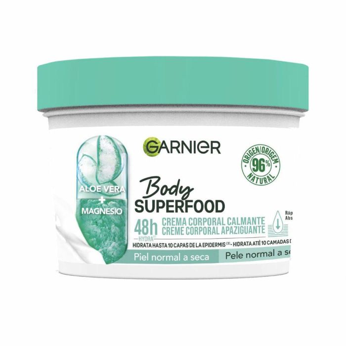 Garnier BODY SUPERFOOD Crema Corporal Hidratante Calmante Aloe Vera y Magnesio Piel Normal a Seca 48h 380 ml