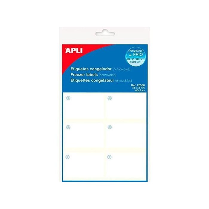 Apli Etiquetas Adhesivas Para Congelador 34x53 mm, Resistente a -40°C, 10 Hojas (60 Etiquetas), Blanco