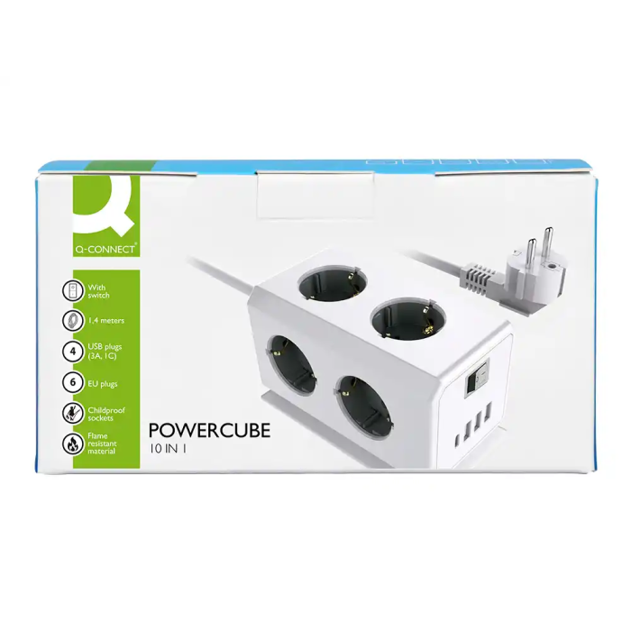 Q-connect Regleta Múltiple 10 en 1 con 6 Tomas, 3 USB y 1 USB-C, Cable 1.4m, 140x76x87mm 6