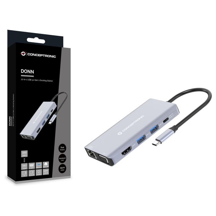 Conceptronic DONN20G Adaptador USB-C a HDMI/USB-A/VGA/AUX con Ethernet y Lector Tarjetas SD, 100W PD, Gris, 25cm