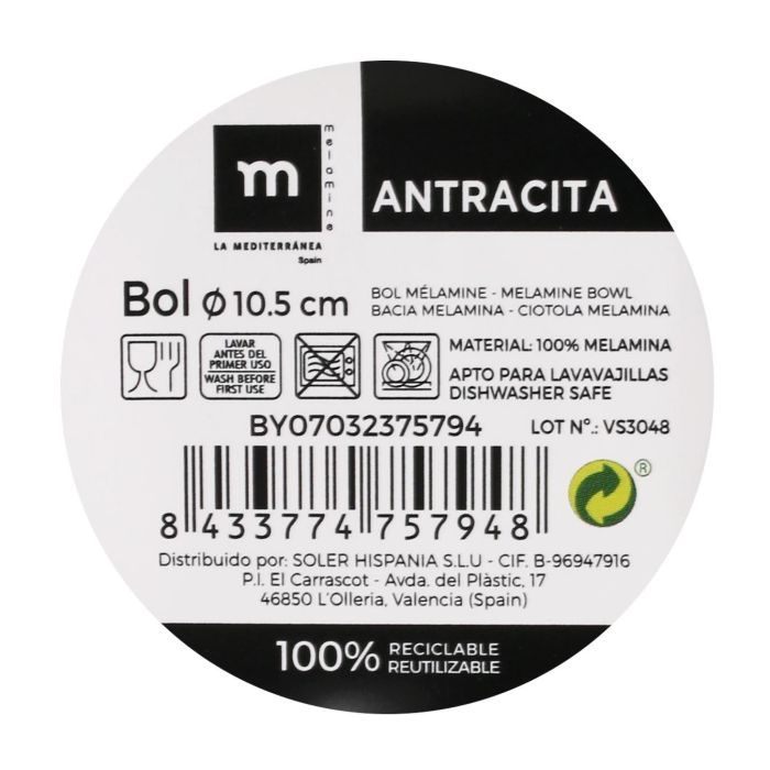 Bol de Melamina Antracita 10.5 cm - La Mediterranea (36 Unidades) 1 Bol de Melamina Antracita 10.5 cm - La Mediterranea (36 Unidades) 1