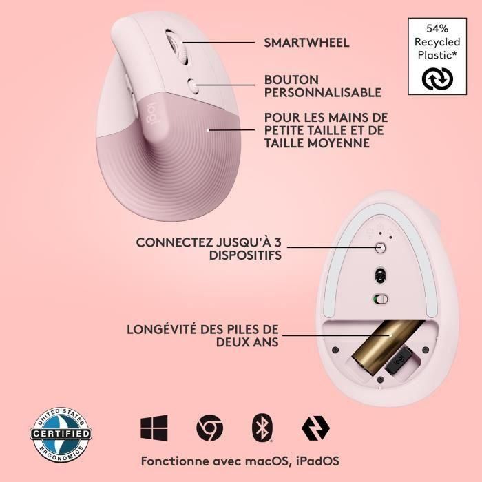 Ratón Logitech Lift Rosa Rose 5