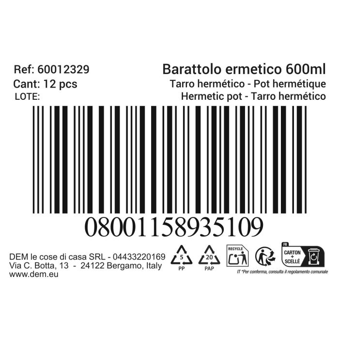 Tarro Hermetico 0,6L Beclassic (12 Unidades) 1 Tarro Hermetico 0,6L Beclassic (12 Unidades) 1
