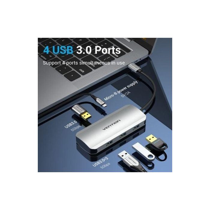 Vention TNAHB Hub USB Tipo-C 4x USB 3.0 1x MicroUSB PD 5 Gbps Gris Aleación Aluminio Compatible Windows Mac OS 2 Vention TNAHB Hub USB Tipo-C 4x USB 3.0 1x MicroUSB PD 5 Gbps Gris Aleación Aluminio Compatible Windows Mac OS 2