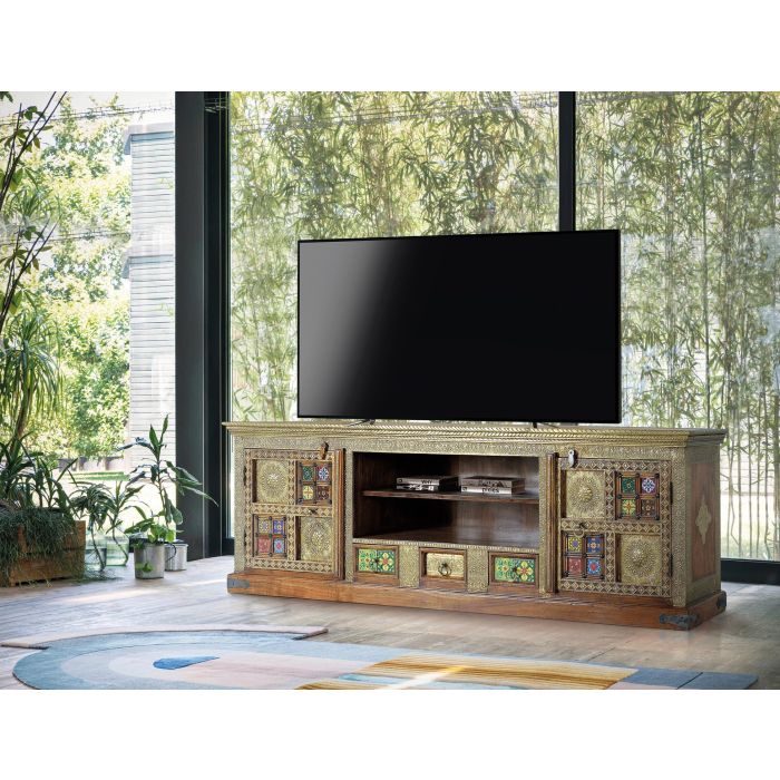Giner y Colomer Mueble Televisor en Madera de Acacia con Detalles de Azulejo y Bronce, 60 x 180 x 40 cm 6 Giner y Colomer Mueble Televisor en Madera de Acacia con Detalles de Azulejo y Bronce, 60 x 180 x 40 cm 6