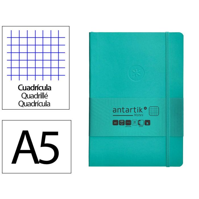 Cuaderno Con Gomilla Antartik Notes Tapa Blanda A5 Hojas Cuadricula Turquesa 80 Hojas 80 gr Fsc