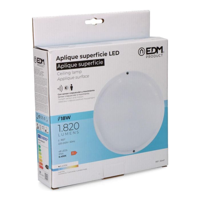 Aplique redondo led con sensor crepuscular y de movimiento 18w 1820lm 6.400k luz fría edm 1