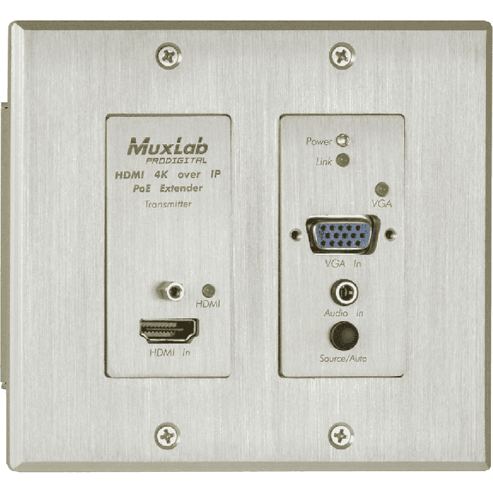 MUXLAB Wallplate Transmisor HDMI/VGA AV sobre IP 4K PoE, Extensor de Señal hasta 100m