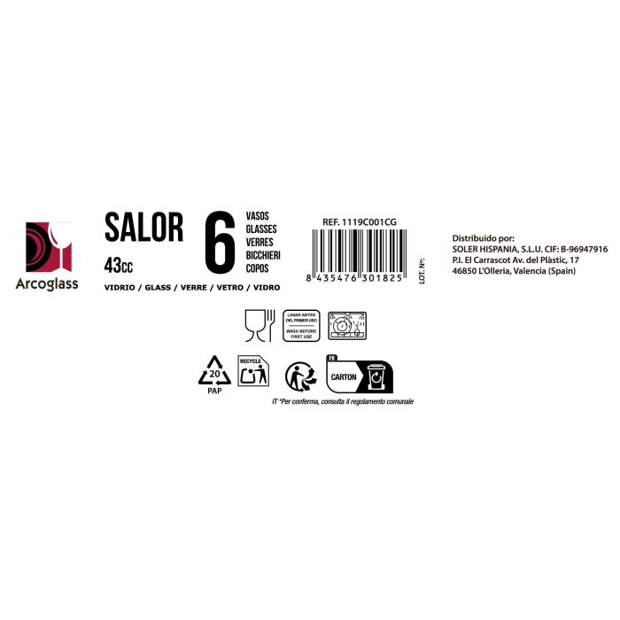 La Mediterranea Set 6 Vasos Chupito 43 cc Salor 6 Piezas (12 Cajas)