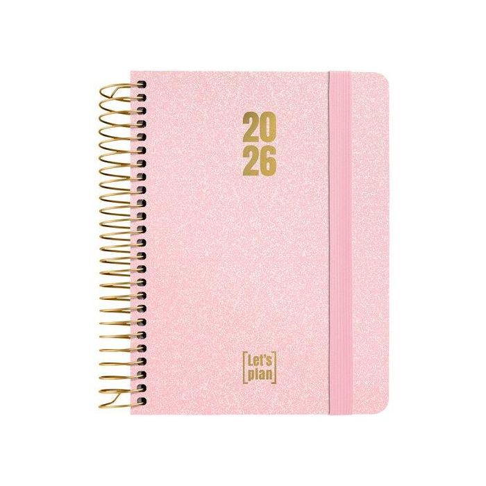 Agenda Anual (2026) Grafoplas Metallic Espiral Tapa Extradura Con Goma A6 170X145 D/P Rosa Pastel