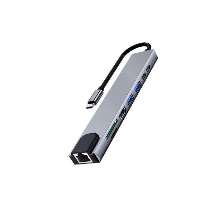 Ewent EW1146 Base Docking USB-C Multipuerto 8 en 1 con HDMI 4K, Power Delivery 87W, LAN Gigabit, USB, Lector SD/MicroSD Gris Aluminio