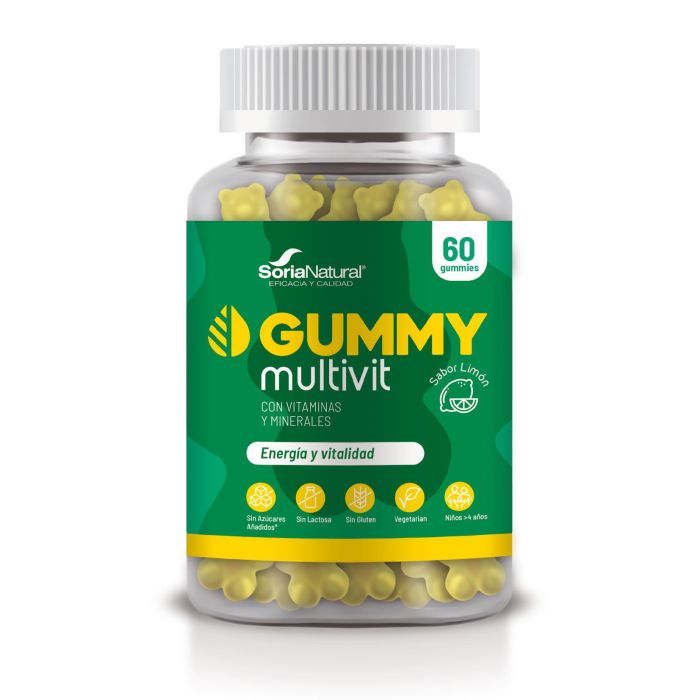 Soria Natural Gummy Multivit Limón 60 Gominolas. Vitaminas A, B1, B5, B6, B12, C, D, E. Con magnesio, zinc, cromo y biotina