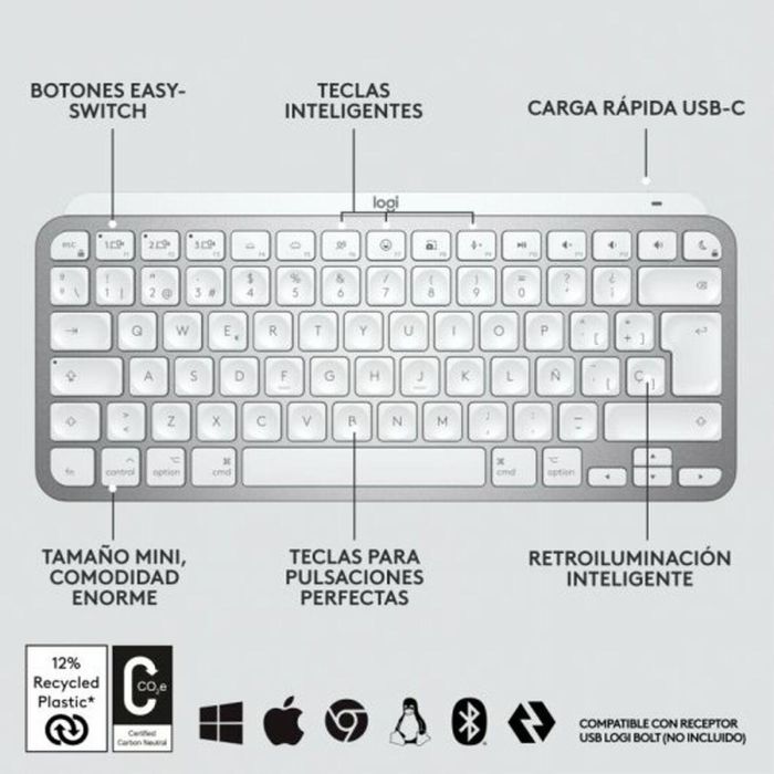 Logitech MX Keys Mini Teclado Inalámbrico Gris Pálido - Teclas Esféricas Cóncavas, Retroiluminación Inteligente, Bluetooth 20
