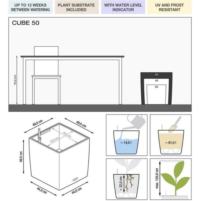 Maceta LECHUZA Cube Premium 50 - juego completo, negro brillante 1