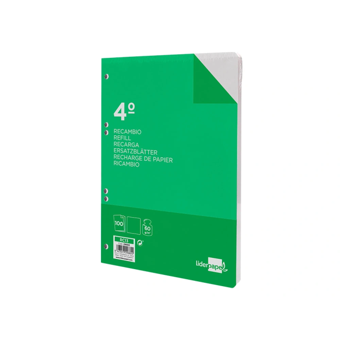 Liderpapel Recambio Cuarto 100 Hojas 60gr Liso 6 Taladros 2