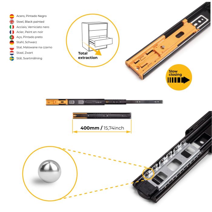 Emuca Lote de 5 juegos de guías para cajones, de bolas, altura 45mm, profundidad 400mm, extracción total, cierre suave, Negro 7 Emuca Lote de 5 juegos de guías para cajones, de bolas, altura 45mm, profundidad 400mm, extracción total, cierre suave, Negro 7