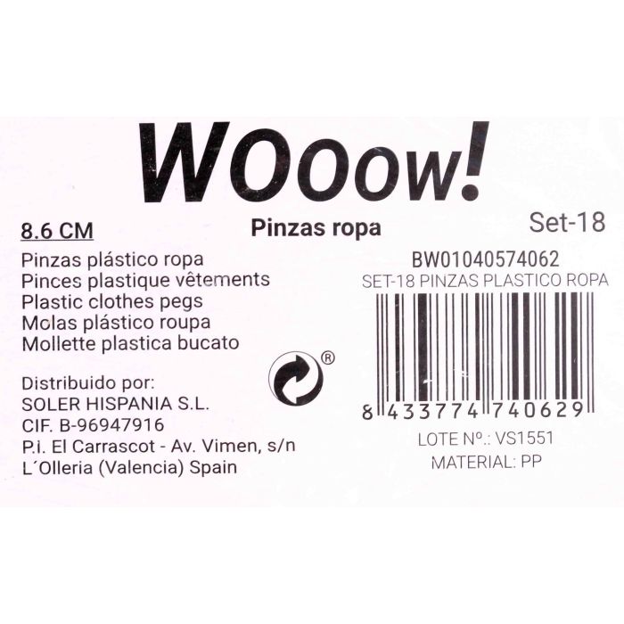 Wooow Set 18 Pinzas de Plástico para Ropa Confortime 8,6 x 4 x 1 cm (36 Unidades) 1