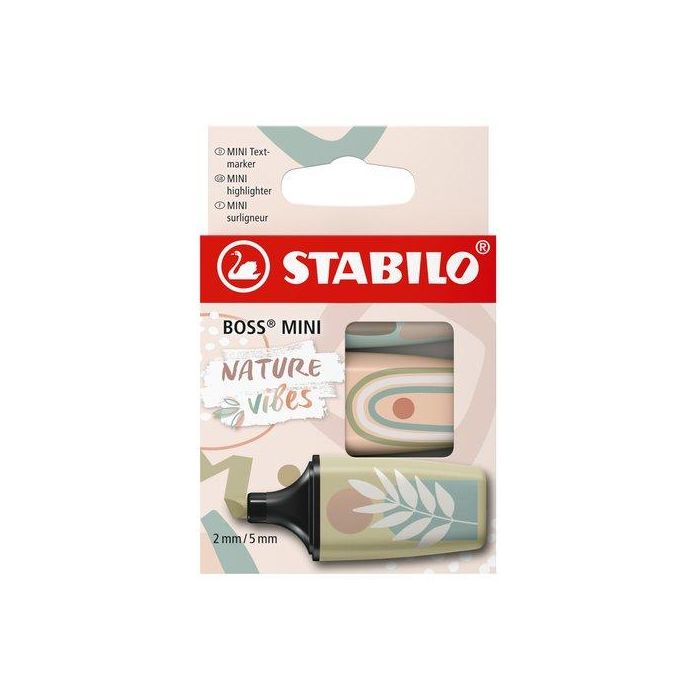 Stabilo Boss Mini Nature Vibes, Marcador Fluorescente, Estuche de 3 unidades Colores Surtidos, Tinta base agua, Trazo 2-5mm
