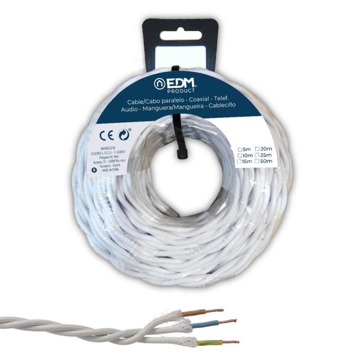 Carrete cable paralelo textil trenzado h05v-k 3 g 1,00 mm² blanco, 25 m