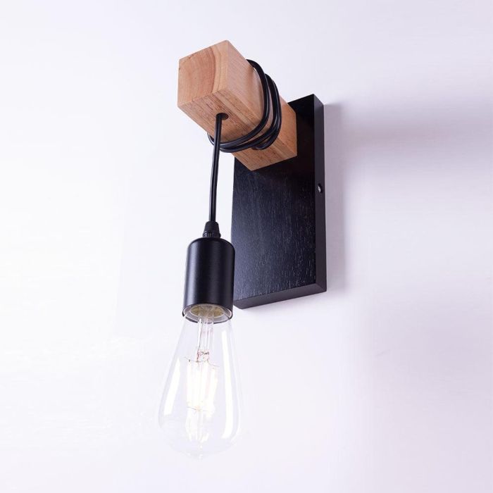 Aplique de Pared Elle SKD-W6000 Negro y Madera con Cable Colgante | Diseño Moderno Vintage | Ideal para Luz de Lectura en Dormitorios 1 Aplique de Pared Elle SKD-W6000 Negro y Madera con Cable Colgante | Diseño Moderno Vintage | Ideal para Luz de Lectura en Dormitorios 1