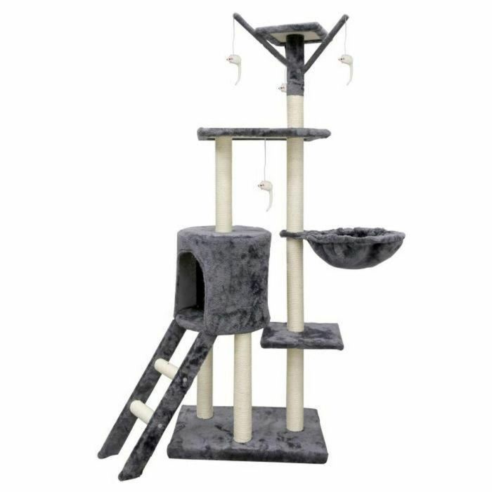 JIPSY ALC11 Árbol para gatos mediano, con nicho, 3 plataformas, rascador de sisal, escalera y ratones, gris 79x34x138 cm