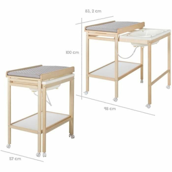 Roba ROB4005317313931 Cambiador con bañera deslizante, colchón hidrófugo estilo Roba Gris, estante de almacenaje, madera natural 1