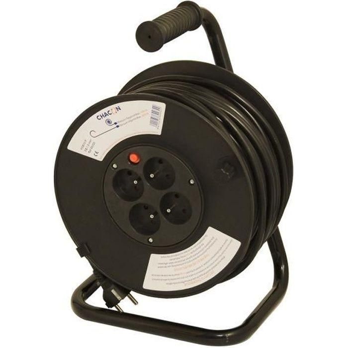 Chacon Enrollador de manguera 40m, 4 tomas 16A, Cable 3x1.5mm², Interruptor de seguridad térmico, Mango ergonómico, Protección infantil