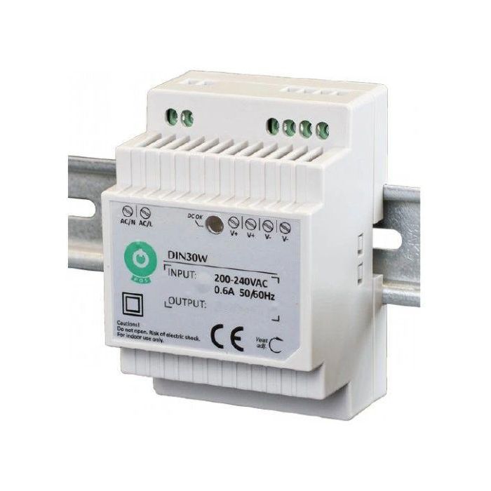 POS Power Fuente Alimentación Carril DIN DC 15V 2A con Regulación Voltaje 12.5-17.5V para Iluminación LED, Enfriamiento Aire Libre y Protecciones