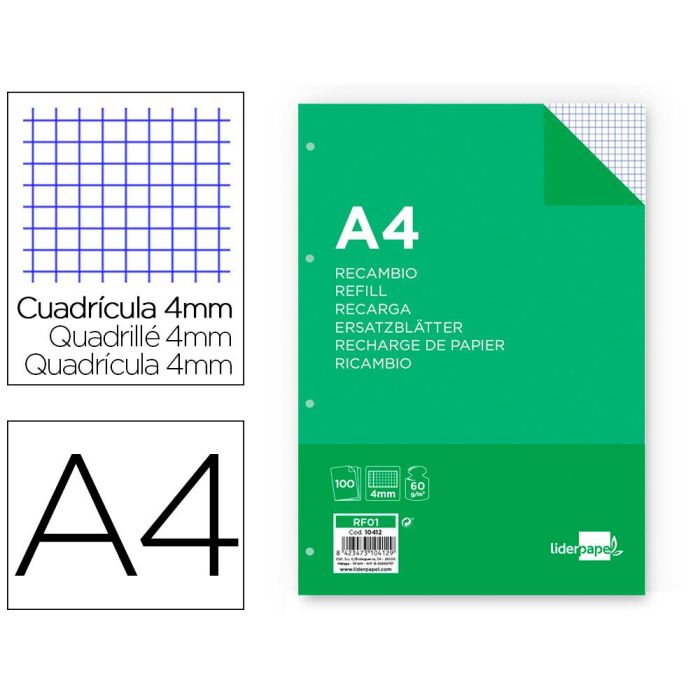 Recambio Liderpapel A4 100 Hojas 60 gr-M2 Cuadro 4 mm Con Margen 4 Taladros