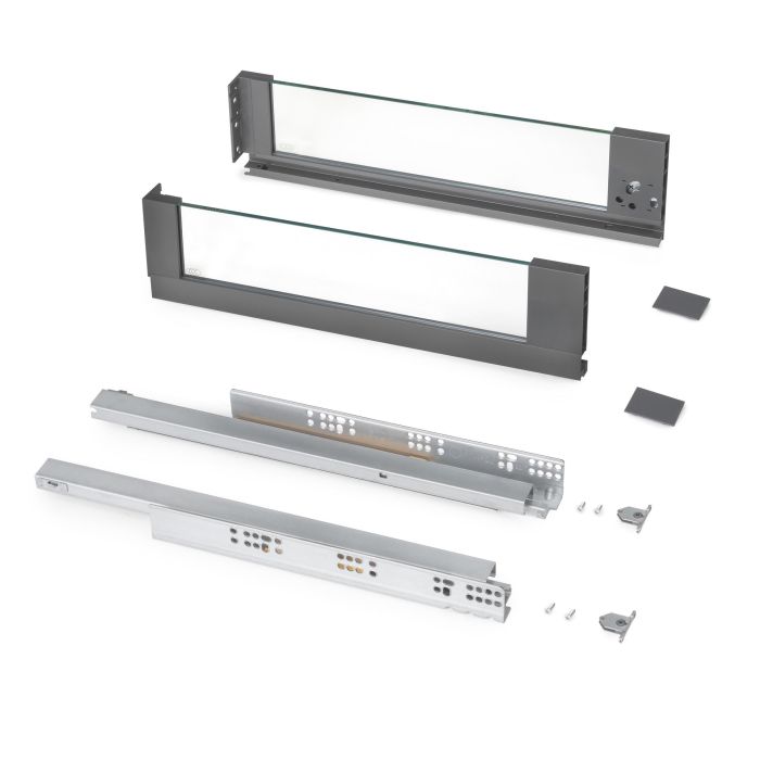 Emuca Cajón exterior Vertex 40kg con lateral de vidrio de altura 131mm, profundidad 450mm, Acero y Aluminio y Cristal, Gris antracita 0 Emuca Cajón exterior Vertex 40kg con lateral de vidrio de altura 131mm, profundidad 450mm, Acero y Aluminio y Cristal, Gris antracita 0