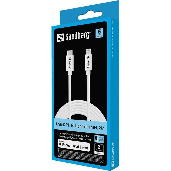 Sandberg Cable de Carga Rápida USB-C PD a Lightning MFi para iPhone y iPad - Conexión a Ordenador/Fuente USB-C - 2 Metros 1