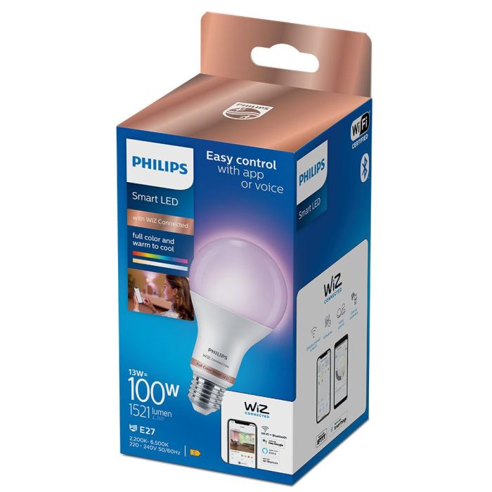 Philips Wiz A67 Bombilla Inteligente LED E27 13W (100W Equiv.) 1521 lm, Full Color 2200-6500K, WiFi y Control por Voz 1 Philips Wiz A67 Bombilla Inteligente LED E27 13W (100W Equiv.) 1521 lm, Full Color 2200-6500K, WiFi y Control por Voz 1