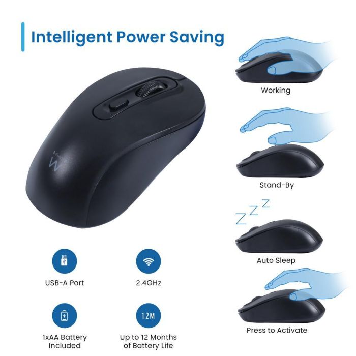 Ewent EW3218 Ratón óptico inalámbrico con clics silenciosos, 800-1600 DPI, receptor USB-A nano, 4 botones, ambidiestro, negro, pilas AA incluidas. 6 Ewent EW3218 Ratón óptico inalámbrico con clics silenciosos, 800-1600 DPI, receptor USB-A nano, 4 botones, ambidiestro, negro, pilas AA incluidas. 6